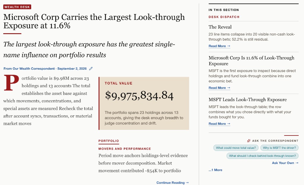 The ArthIQ Daily Wealth Desk product screenshot.
